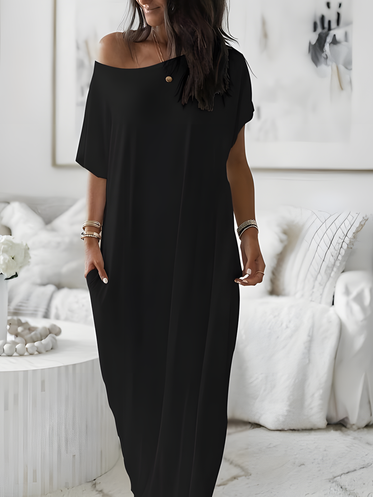 Summer Women'S Loose Solid Simple Daily Short Sleeves with Pockets Inclined Shoulder Short Sleeved Long Casual Dress