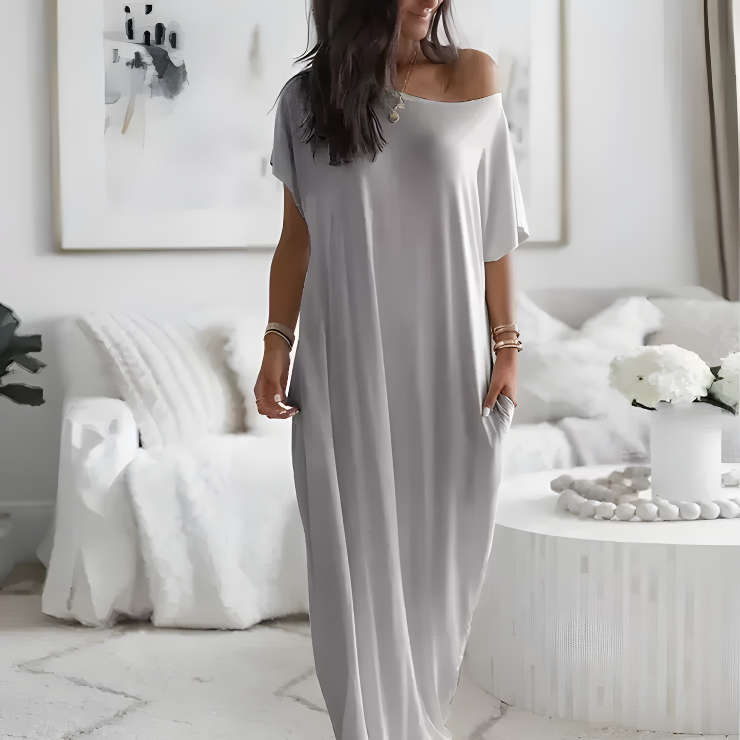 Summer Women'S Loose Solid Simple Daily Short Sleeves with Pockets Inclined Shoulder Short Sleeved Long Casual Dress